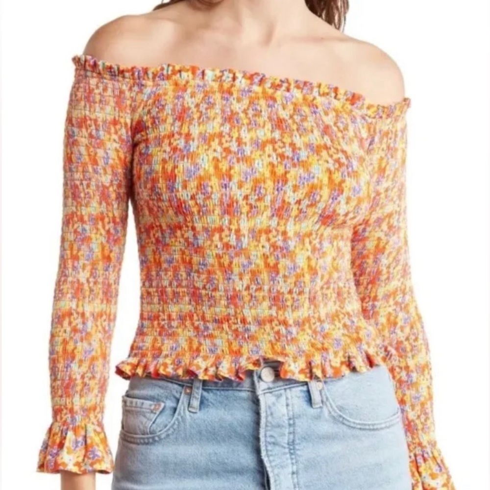 Caroline Constas XS Felicia Shirred Smocked Floral Off-the-Shoulder Top NWT - Picture 1 of 7